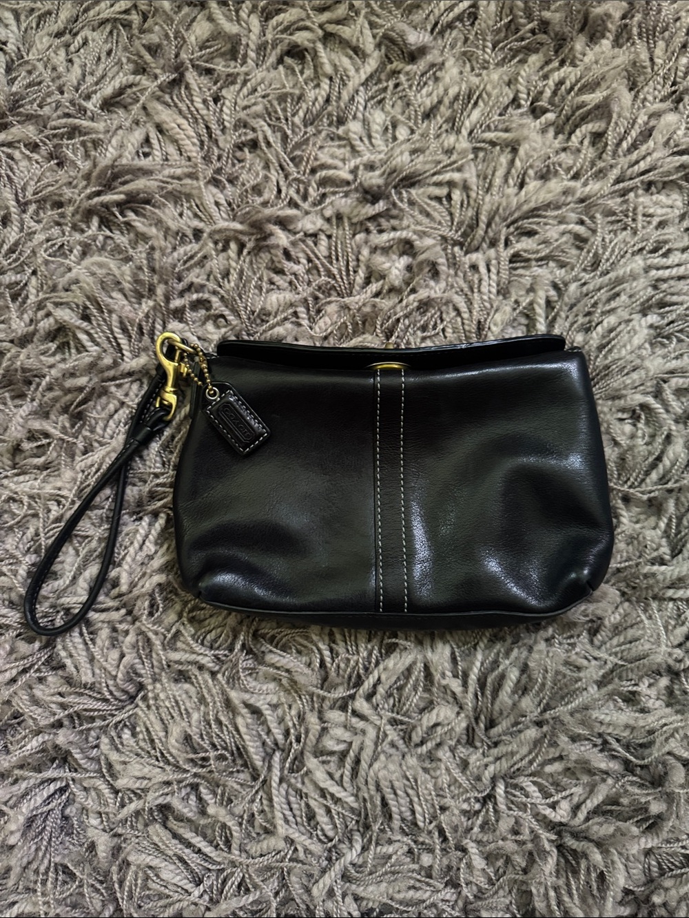 Vintage 90s Coach Black Leather Wristlet with Gold Turn Lock Hardware